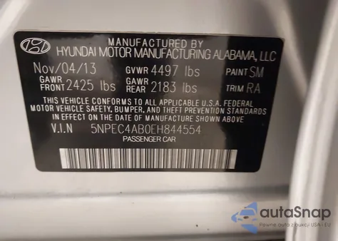 2014 Hyundai Sonata Se 2.0T из США, поврежденный, VIN 5NPEC4AB0EH844554